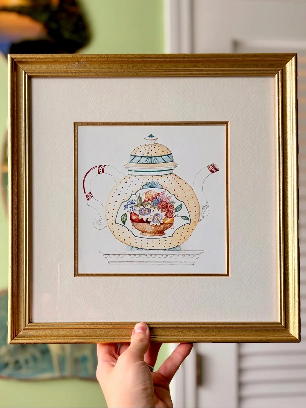 Framed Dainty + Elegant Floral Teapot Art Print in Gold Frame Wall Decor
